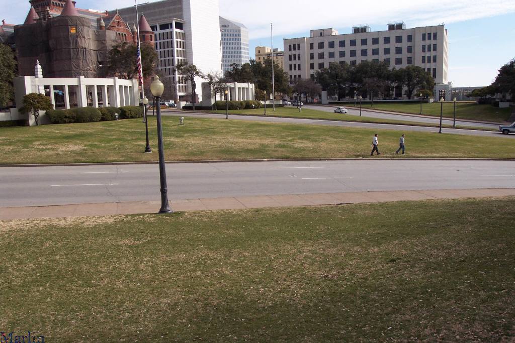 View from Abraham Zapruder's vantage point atop low wall near pergola.